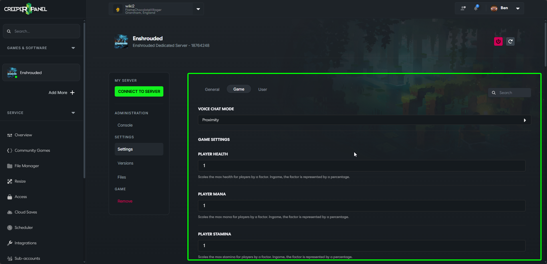 CreeperPanel Enshrouded Settings Game