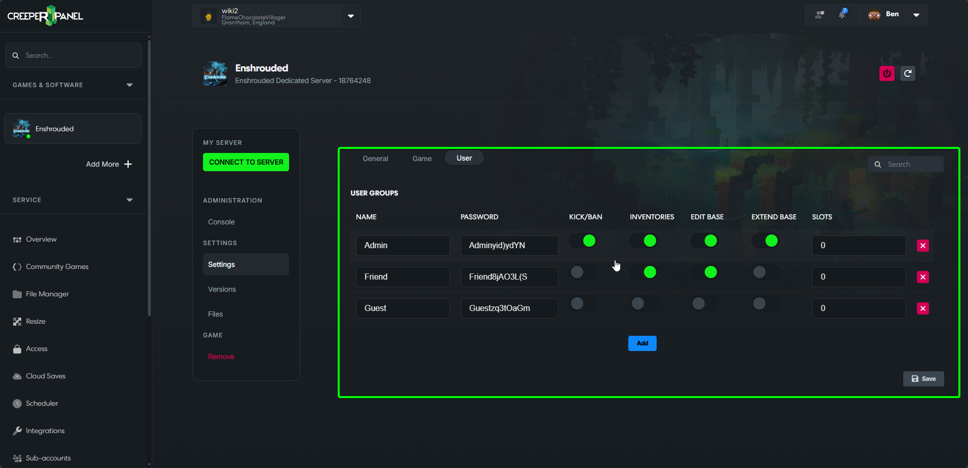 CreeperPanel Enshrouded Settings User