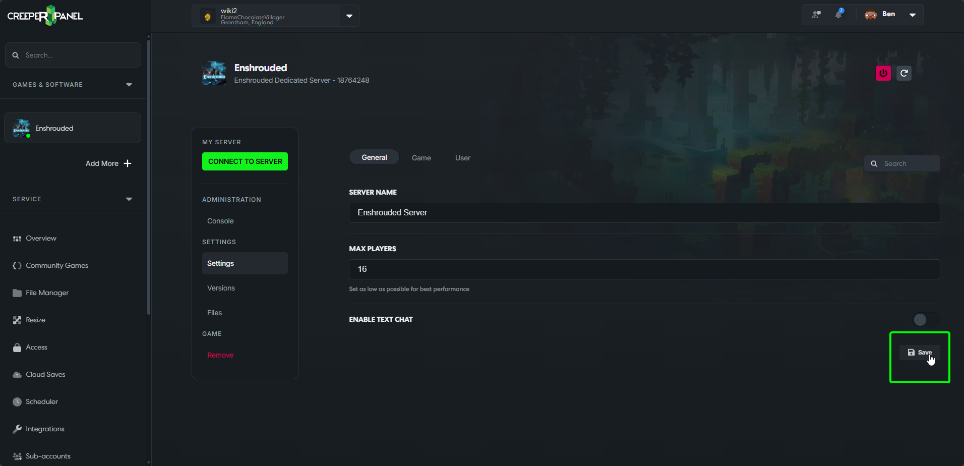 CreeperPanel Enshrouded Settings User