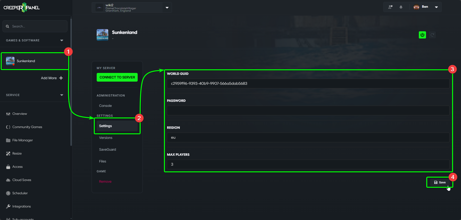 CreeperPanel Sunkenland Settings