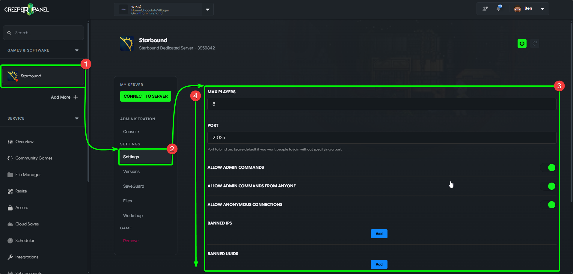 CreeperPanel Starbound Settings