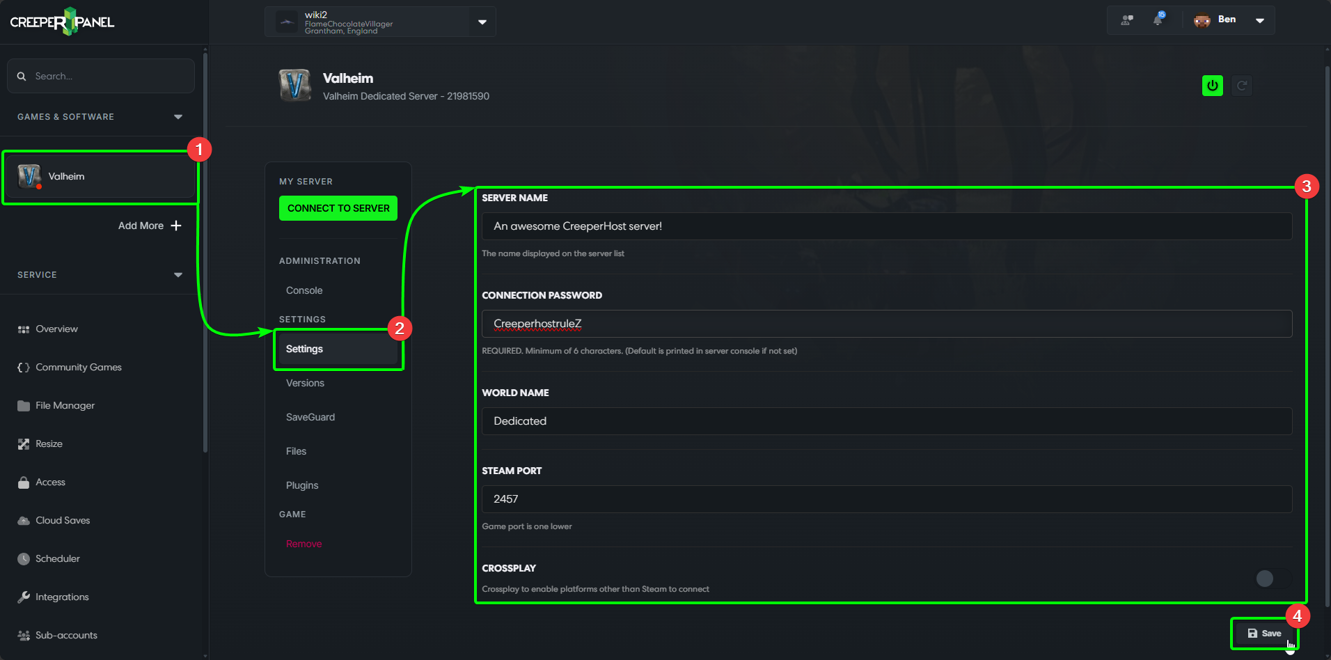 CreeperPanel Valheim Settings