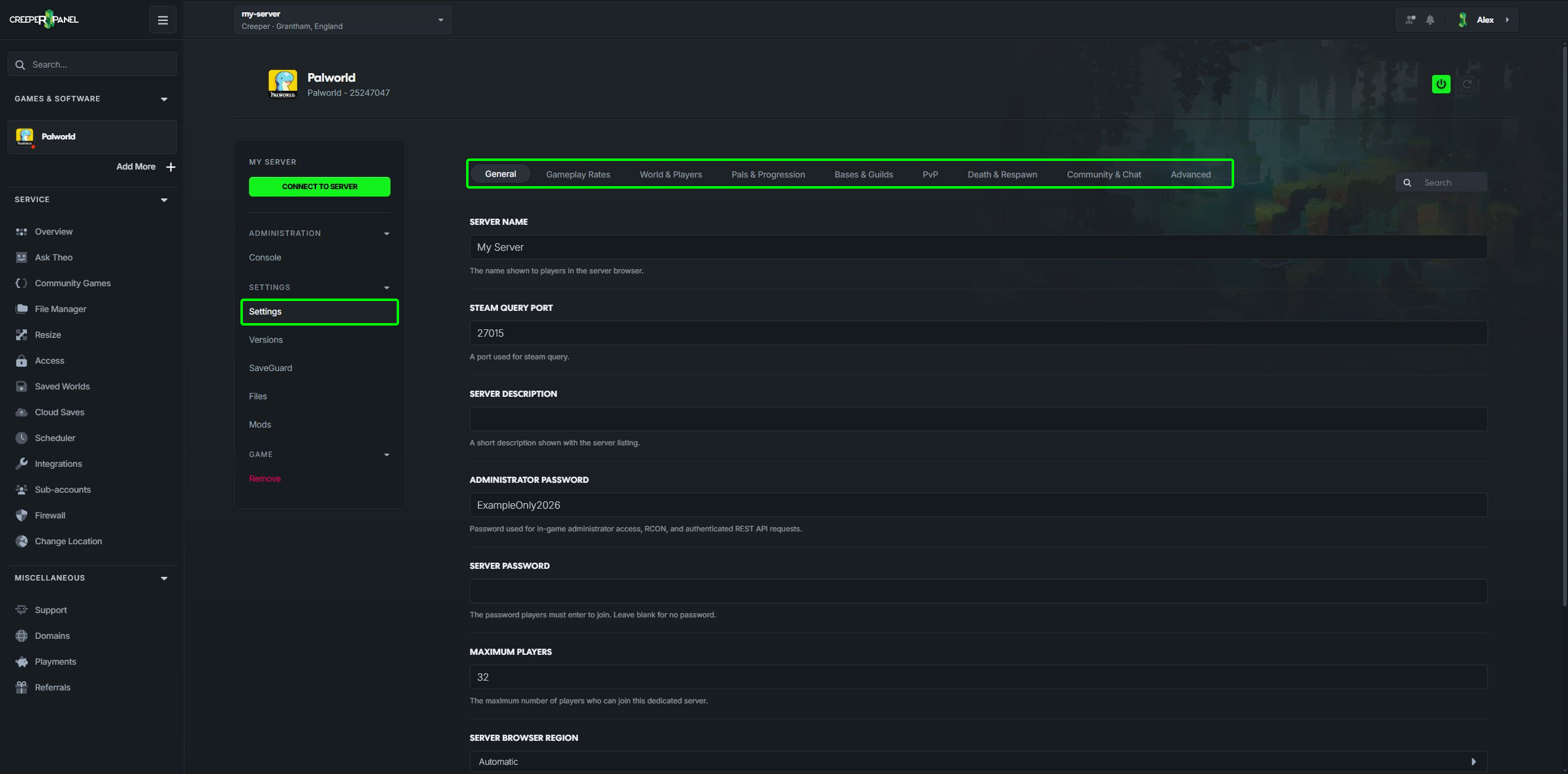 Palworld General settings and category tabs