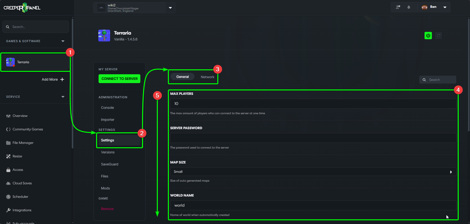 CreeperPanel Terraria Settings