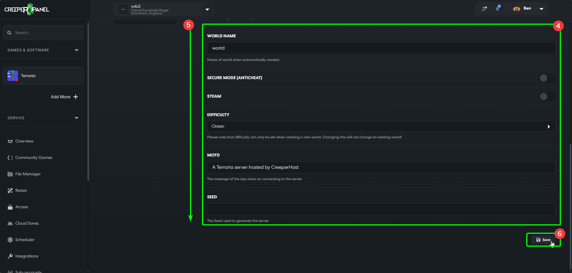 CreeperPanel Terraria Settings