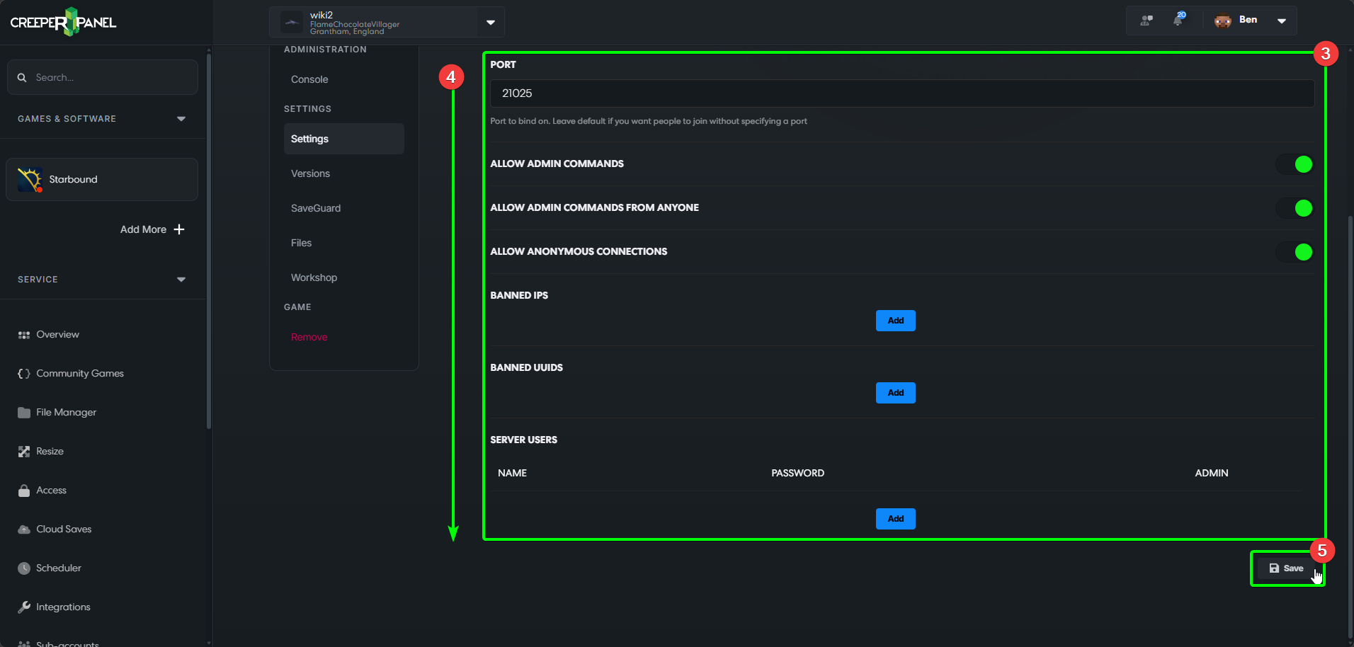 CreeperPanel Starbound Settings