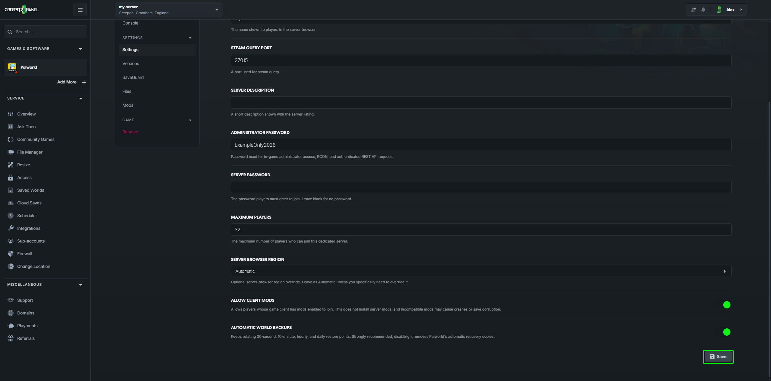 Save Palworld settings