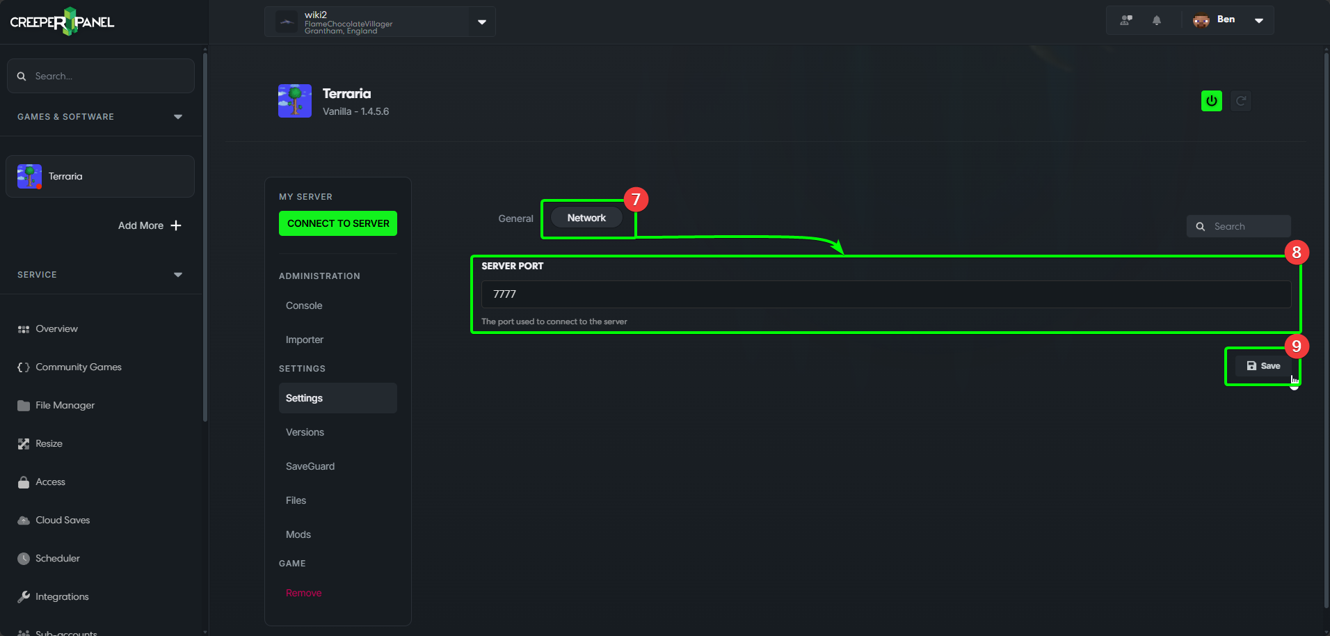 CreeperPanel Terraria Settings