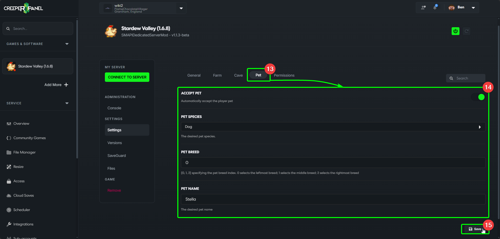 CreeperPanel Stardew Valley Settings