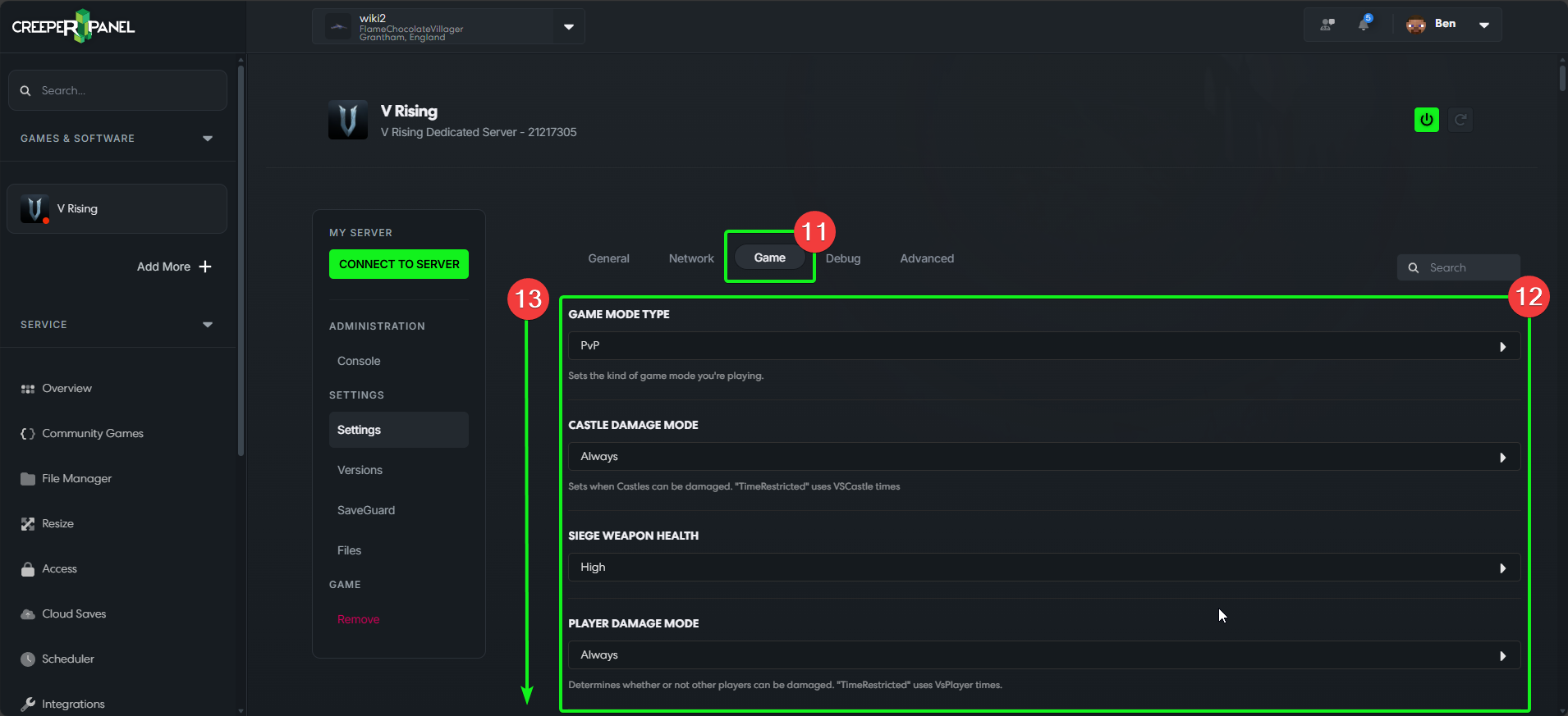 CreeperPanel VRising Settings