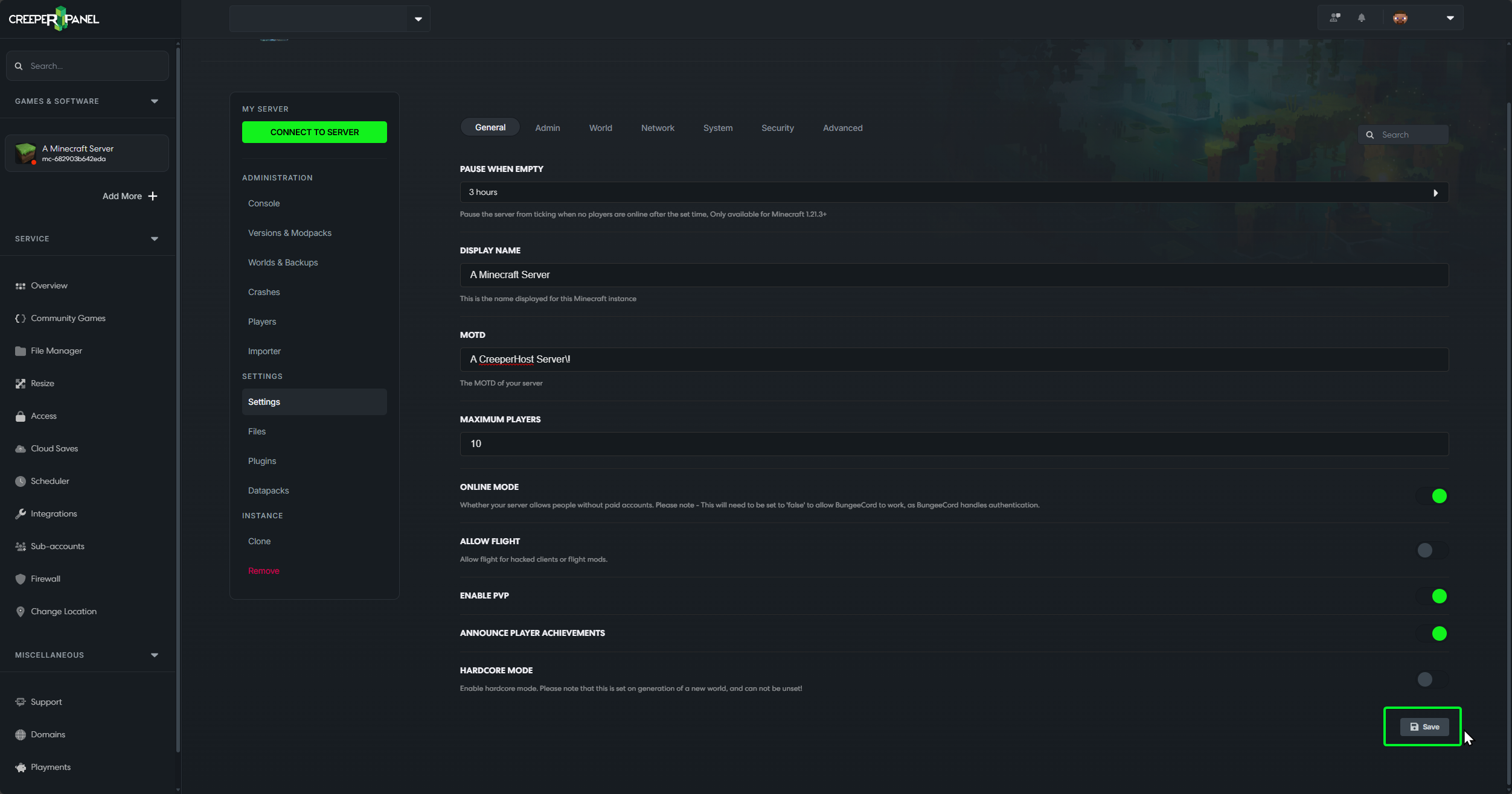 Save button at the bottom of the settings page