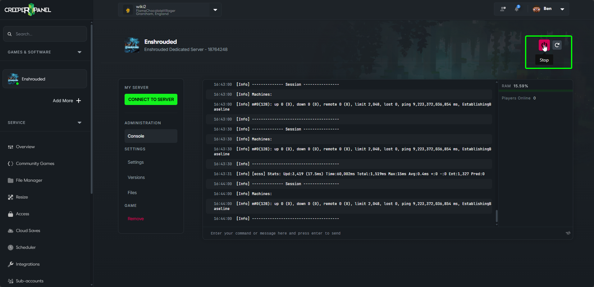 CreeperPanel Enshrouded Console PowOff