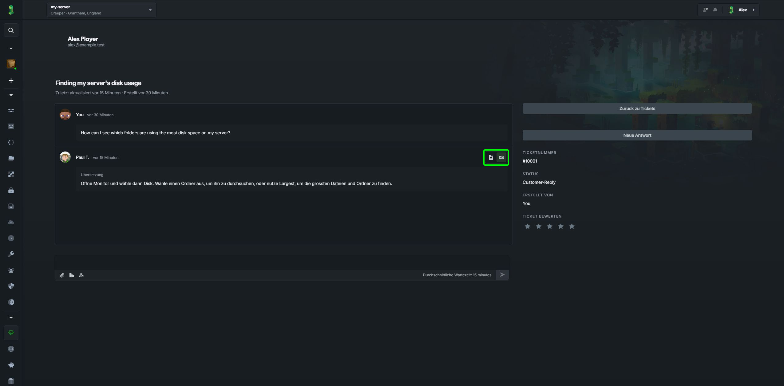 A staff reply translated into German, with the original and translation controls highlighted