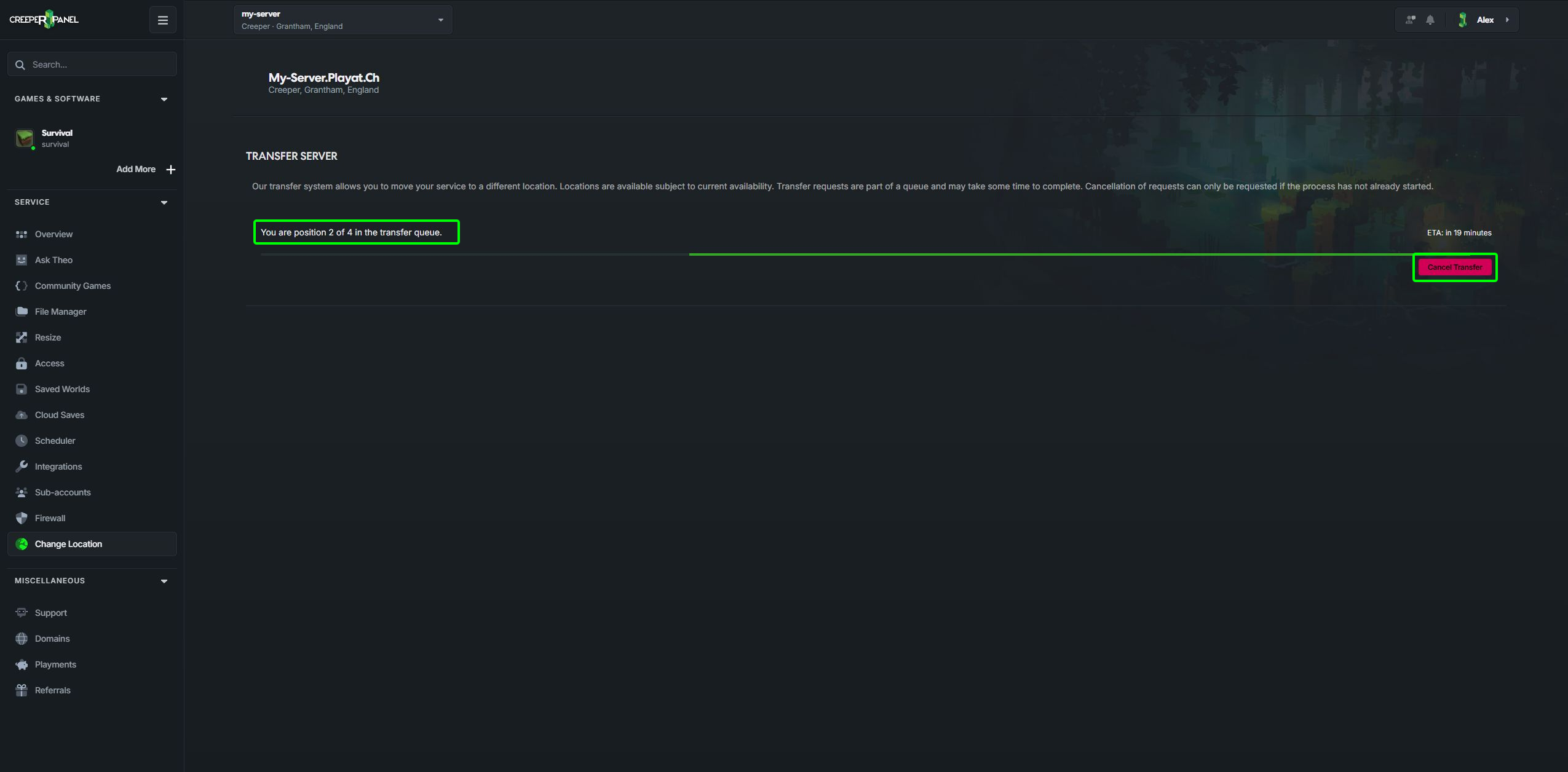 A queued transfer and its cancellation control