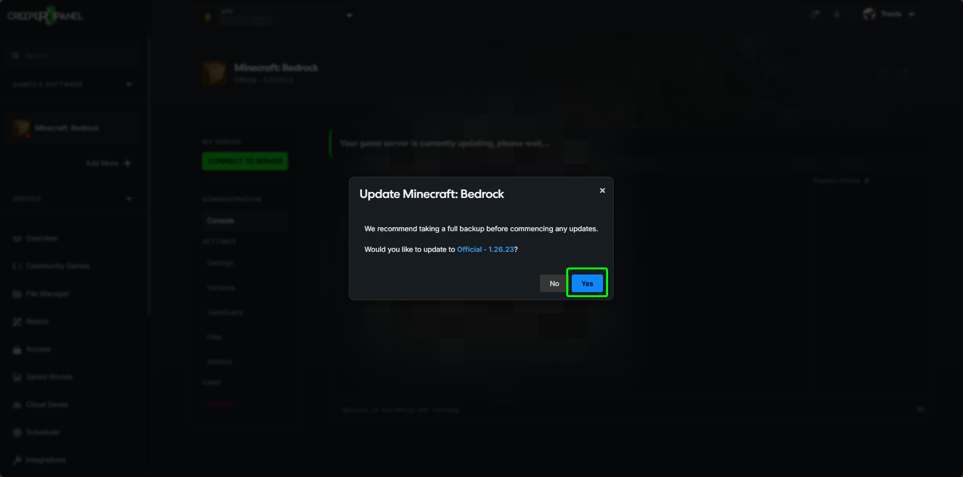 CreeperPanel Minecraft Bedrock confirm button