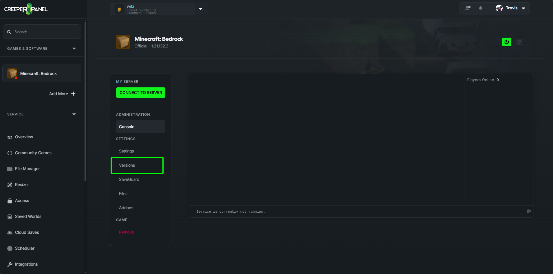 CreeperPanel Minecraft Bedrock Versions button