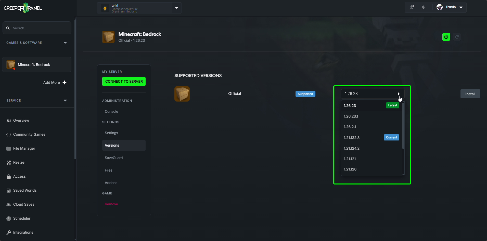 CreeperPanel Minecraft Bedrock Versions dropdown