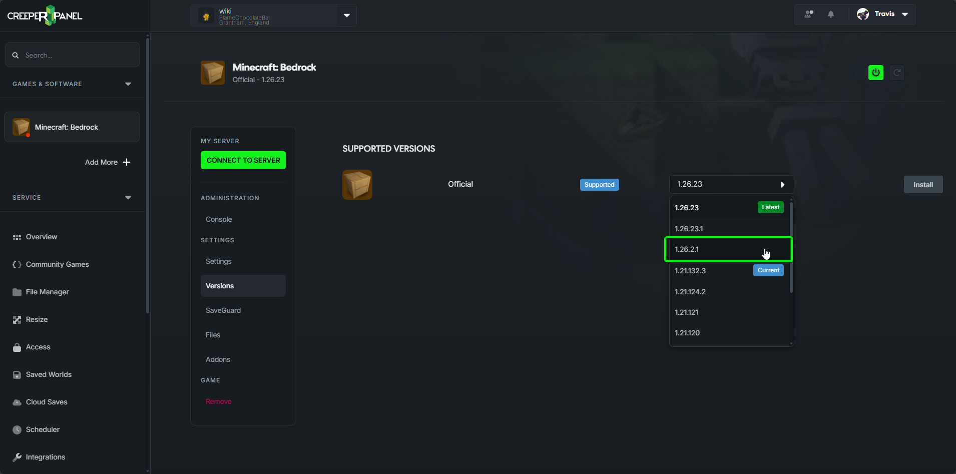 CreeperPanel Minecraft Bedrock Versions dropdown