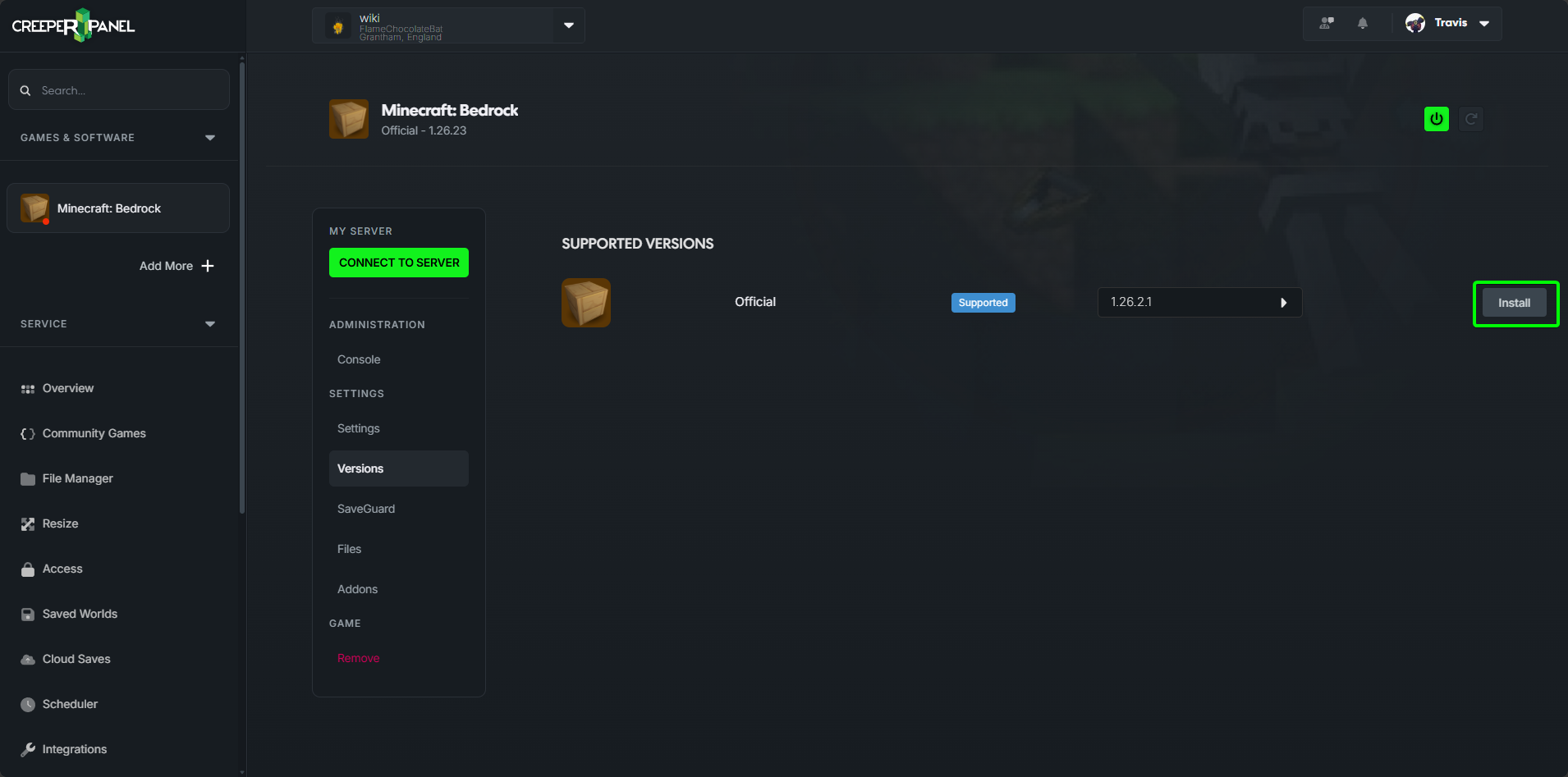 CreeperPanel Minecraft Bedrock Versions dropdown