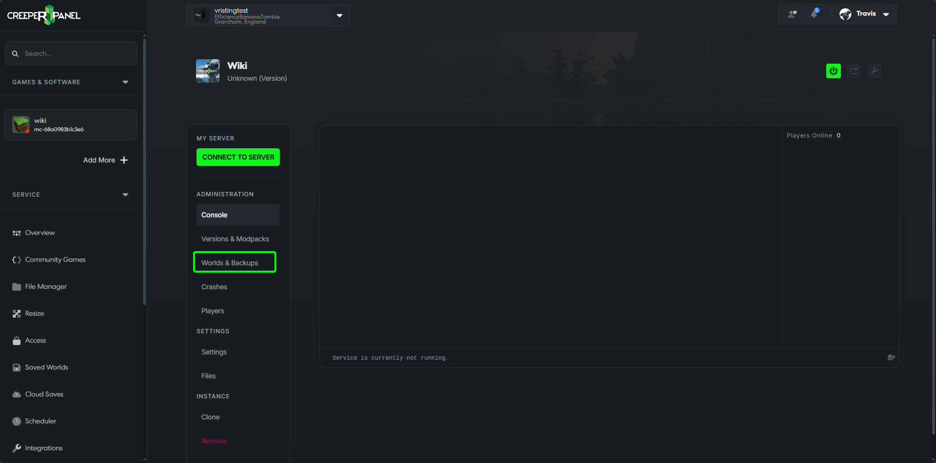 CreeperHost panel showing the Worlds &amp; Backups option in the navigation menu