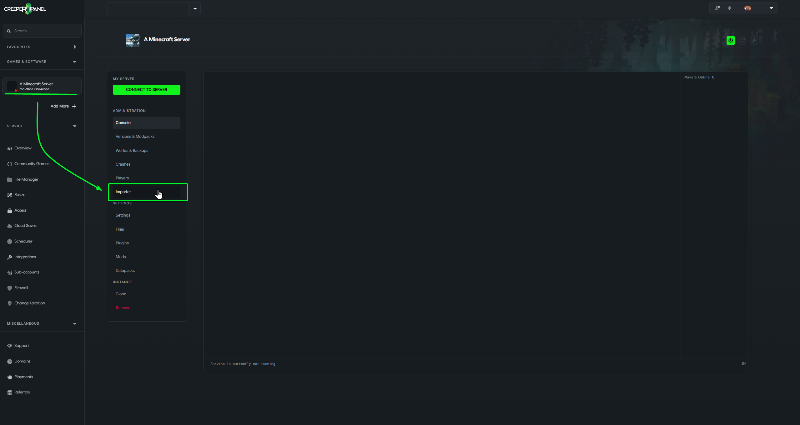 CreeperHost panel showing the Importer option in the navigation menu