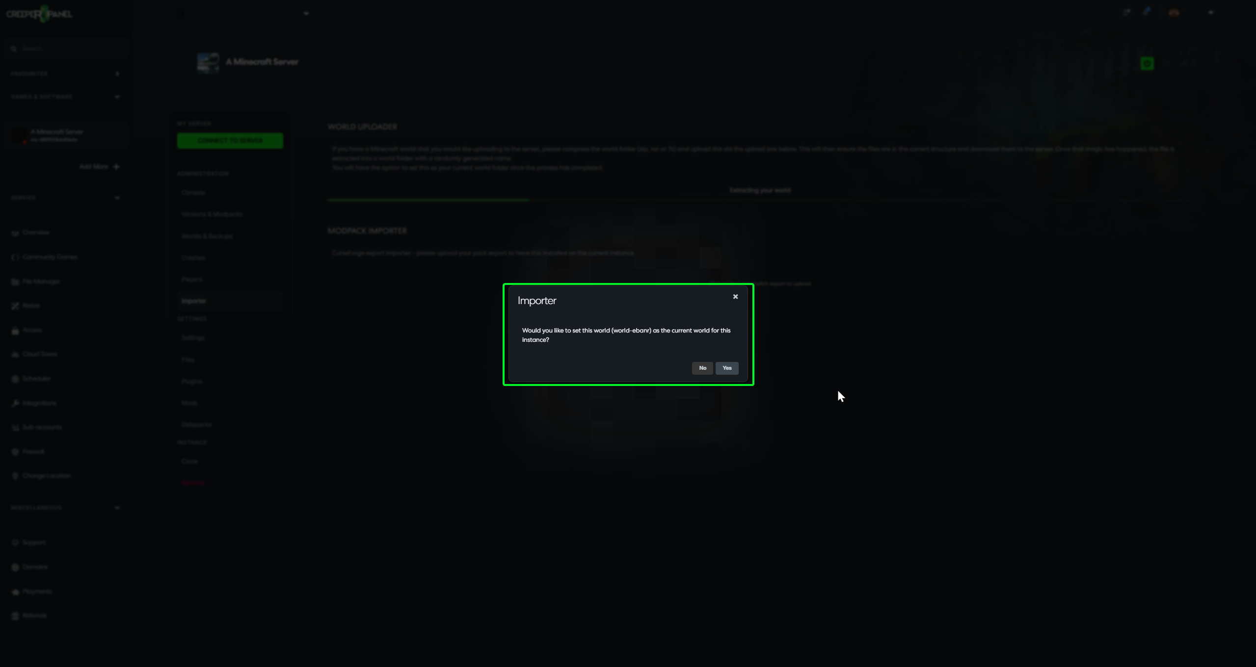 Confirmation dialog asking to set uploaded world as default