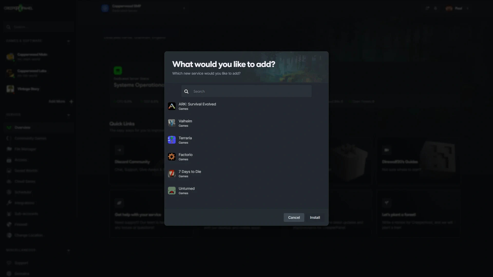 CreeperPanel Add More catalog listing ARK, Valheim, Terraria, Factorio, 7 Days to Die, and Unturned to install on the service.