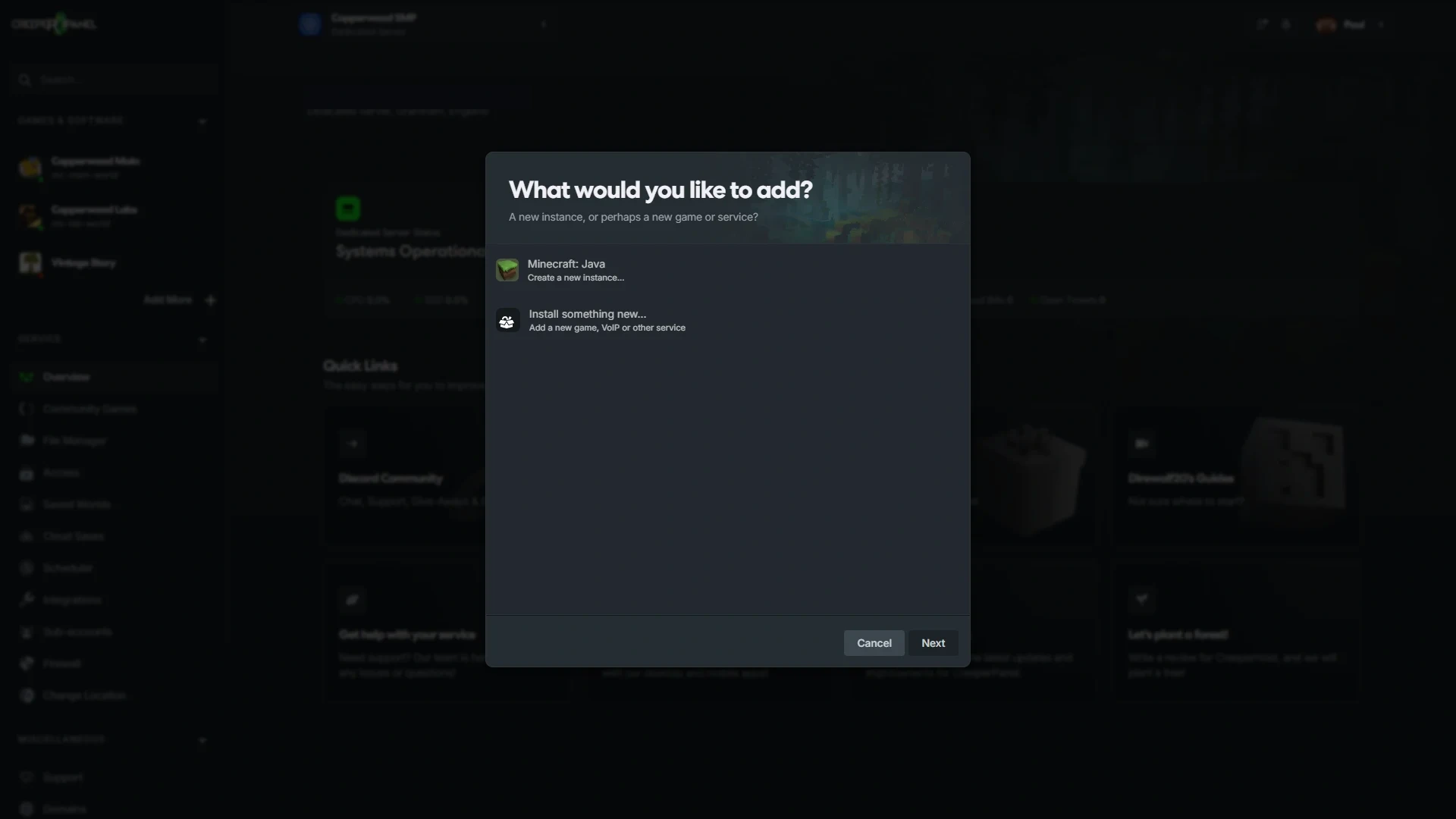 CreeperPanel Add More modal asking whether to add a Minecraft instance or install something new.