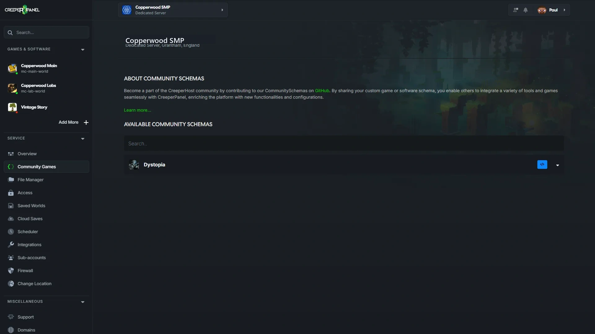 CreeperPanel Community Games page showing custom game schemas and a searchable Dystopia entry.