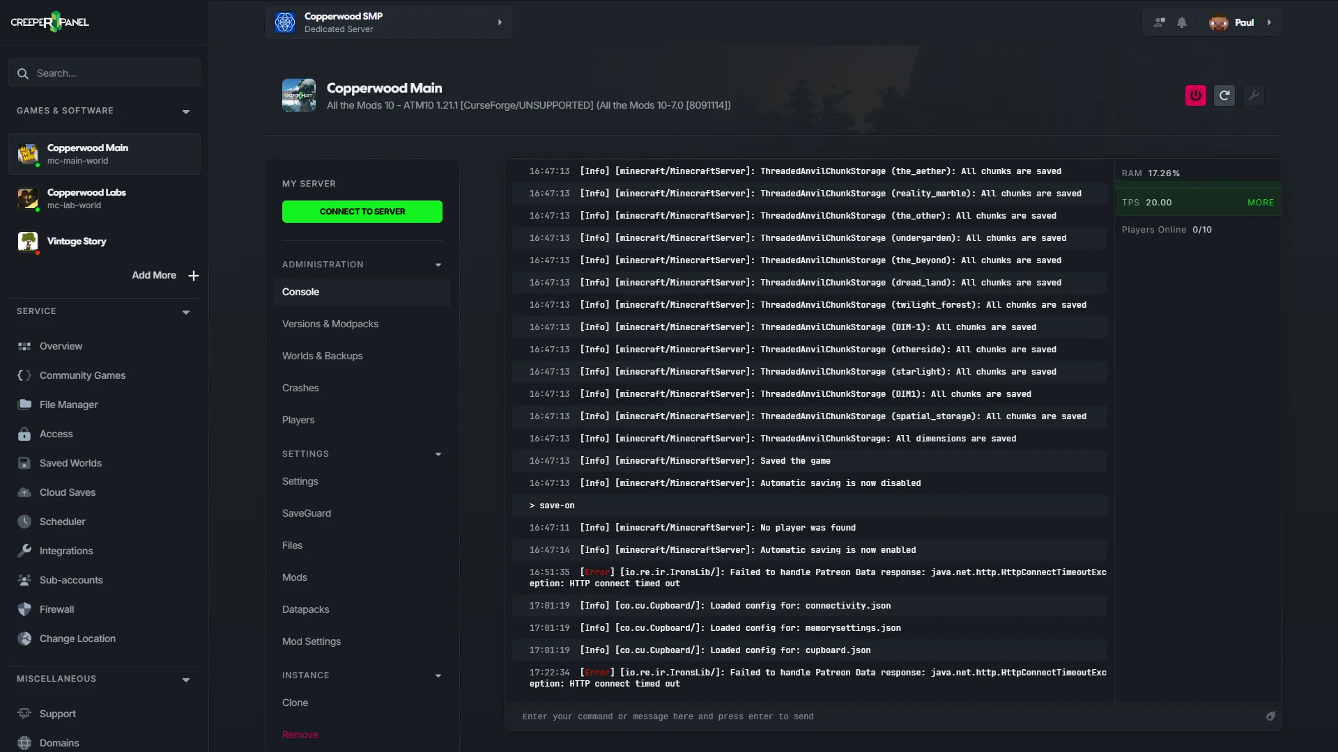 CreeperPanel Minecraft console showing live logs, command input, RAM, TPS, and the More diagnostics link.