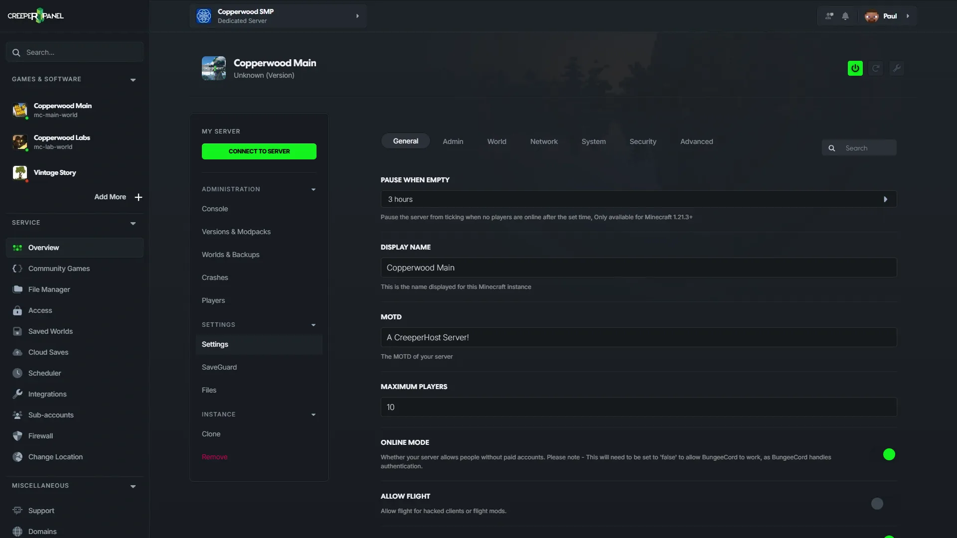 CreeperPanel Minecraft Settings page showing general settings such as pause, display name, MOTD, maximum players, online mode, and flight.