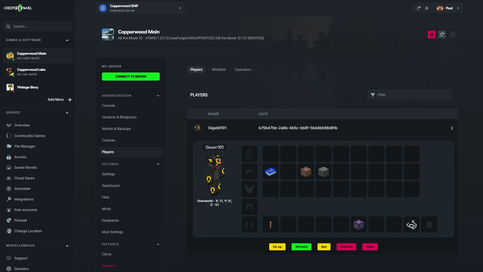 CreeperPanel Minecraft player editor showing a player inventory, coordinates, and action buttons.