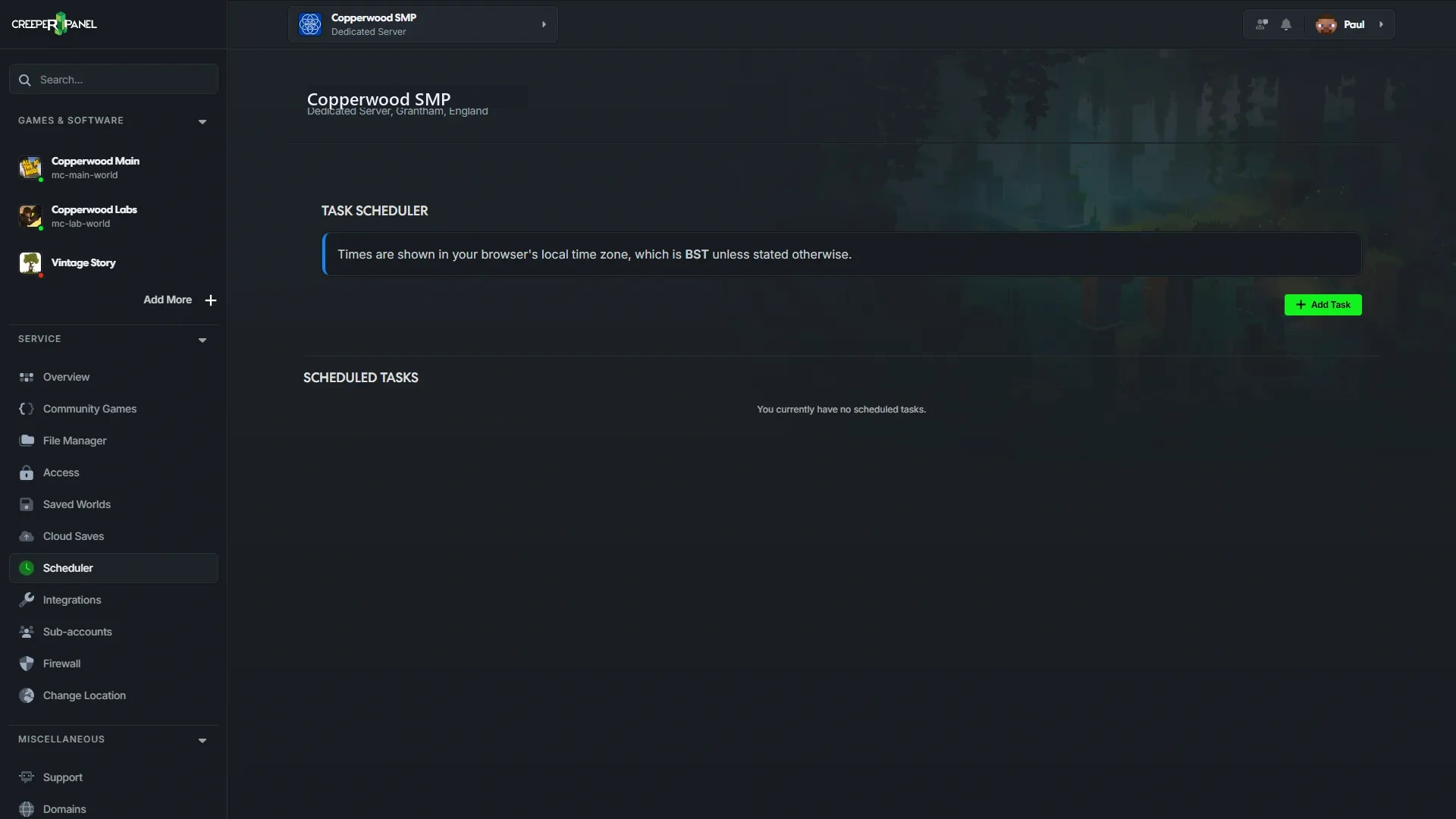 CreeperPanel Task Scheduler page showing timezone guidance, scheduled tasks, and an Add Task action.