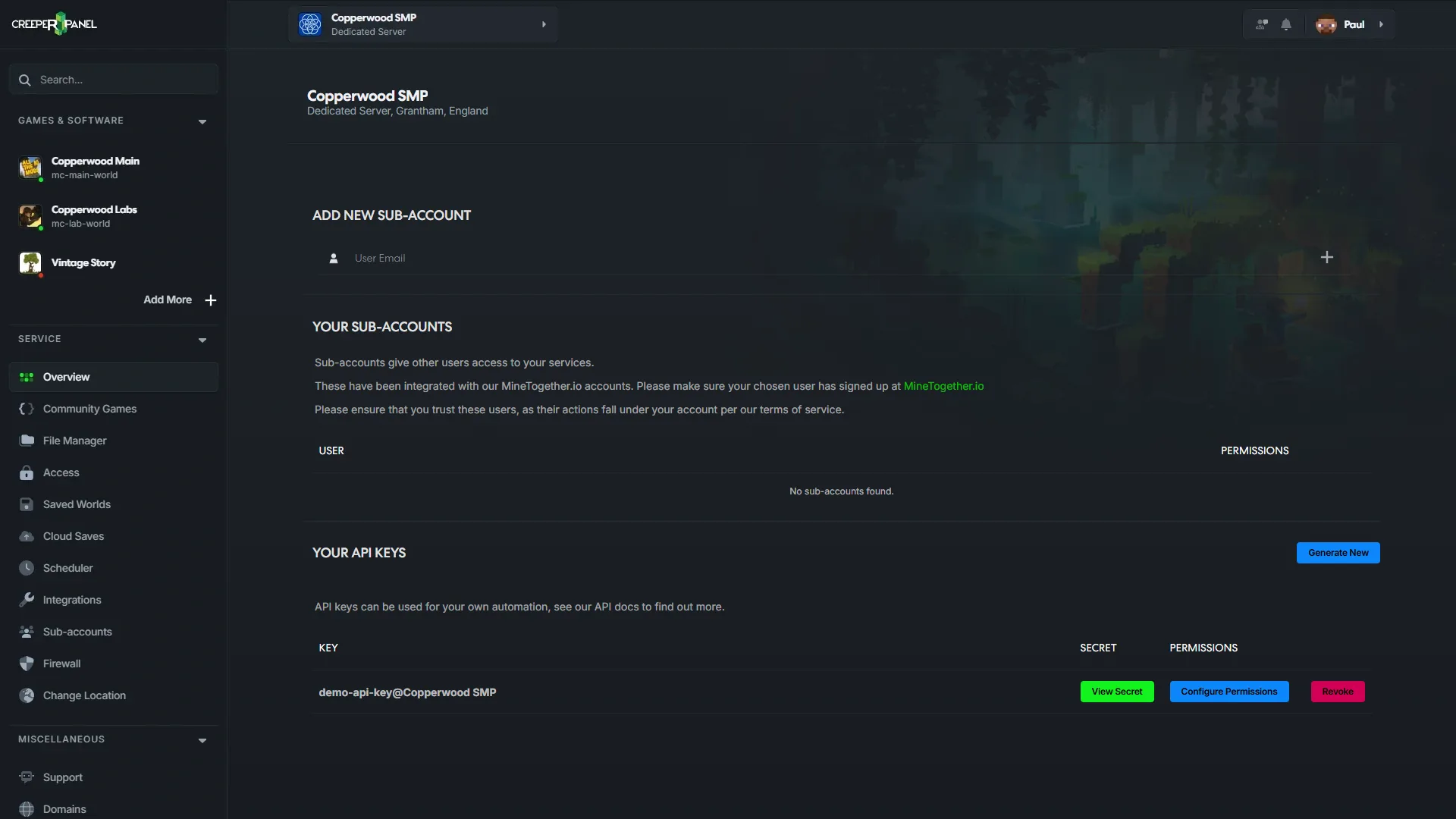 CreeperPanel Sub-accounts page showing invite, permissions, and API key controls.