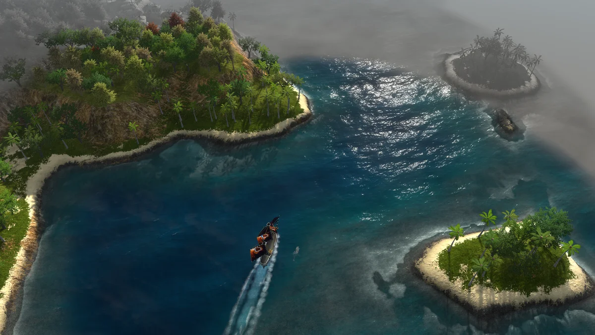 A ship sailing through a peaceful channel between islands in Windward Horizon