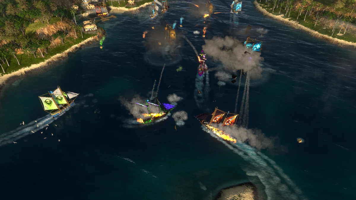 Several ships exchanging cannon fire in a Windward Horizon fleet battle