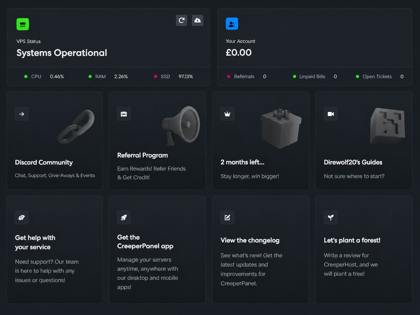 CreeperHost server dashboard