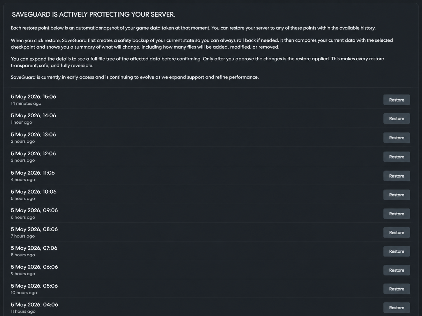 CreeperHost SaveGuard restore points